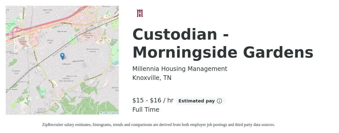 Millennia Housing Management job posting for a Custodian - Morningside Gardens in Knoxville, TN with a salary of $16 to $17 Hourly with a map of Knoxville location.