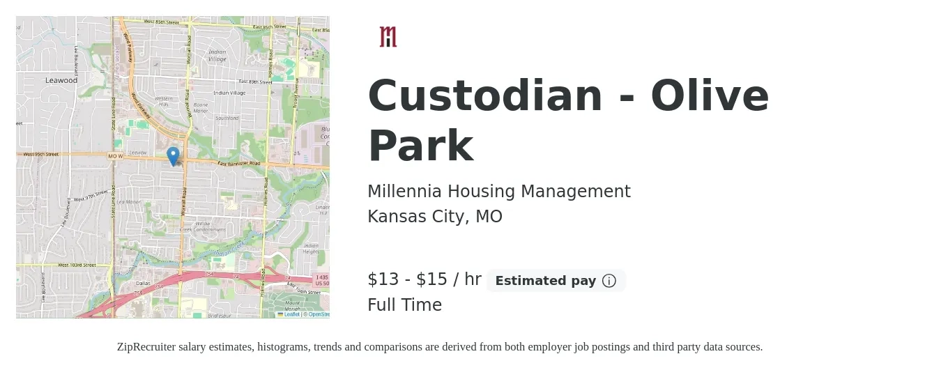 Millennia Housing Management job posting for a Custodian - Olive Park in Kansas City, MO with a salary of $14 to $16 Hourly with a map of Kansas City location.