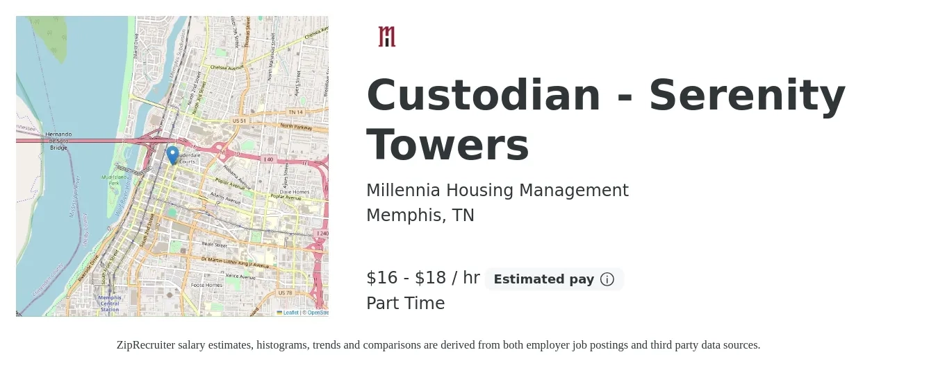 Millennia Housing Management job posting for a Custodian - Serenity Towers in Memphis, TN with a salary of $17 to $19 Hourly with a map of Memphis location.
