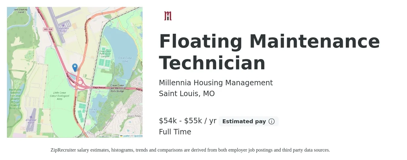 Millennia Housing Management job posting for a Floating Maintenance Technician in Saint Louis, MO with a salary of $54,000 to $55,000 Yearly with a map of Saint Louis location.