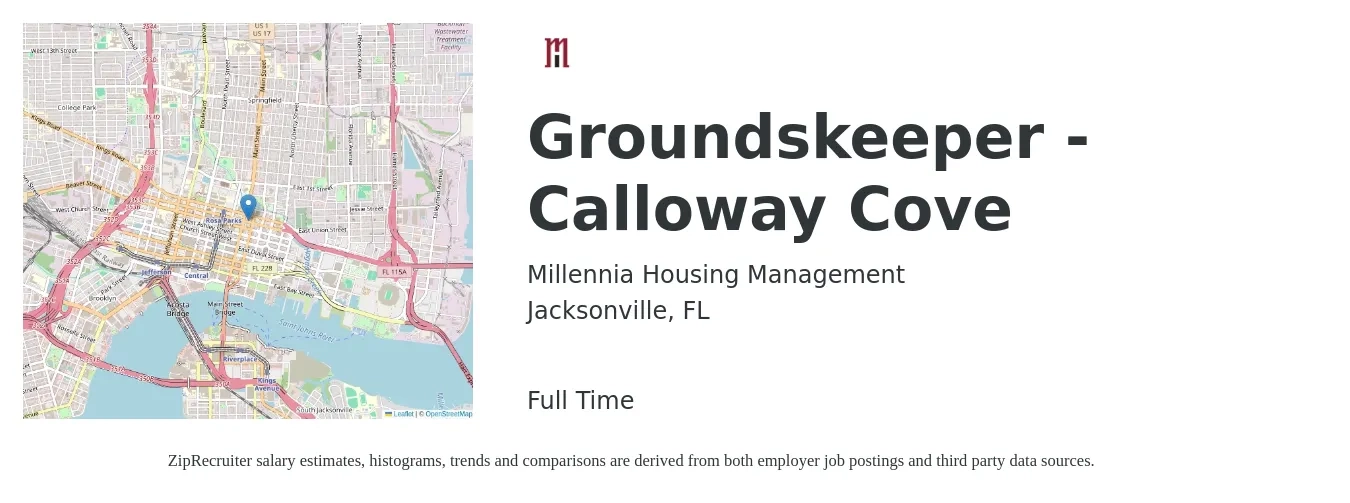 Millennia Housing Management job posting for a Groundskeeper - Calloway Cove in Jacksonville, FL with a salary of $14 to $18 Hourly with a map of Jacksonville location.