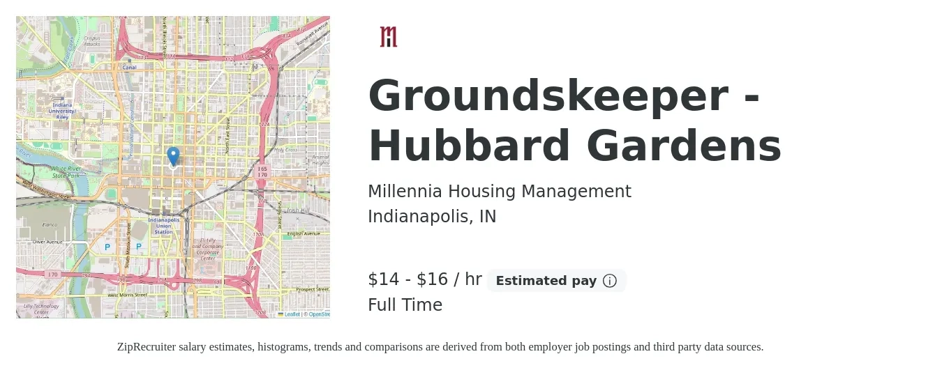 Millennia Housing Management job posting for a Groundskeeper - Hubbard Gardens in Indianapolis, IN with a salary of $15 to $17 Hourly with a map of Indianapolis location.