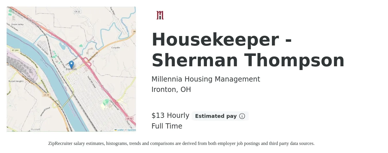 Millennia Housing Management job posting for a Housekeeper - Sherman Thompson in Ironton, OH with a salary of $14 Hourly with a map of Ironton location.