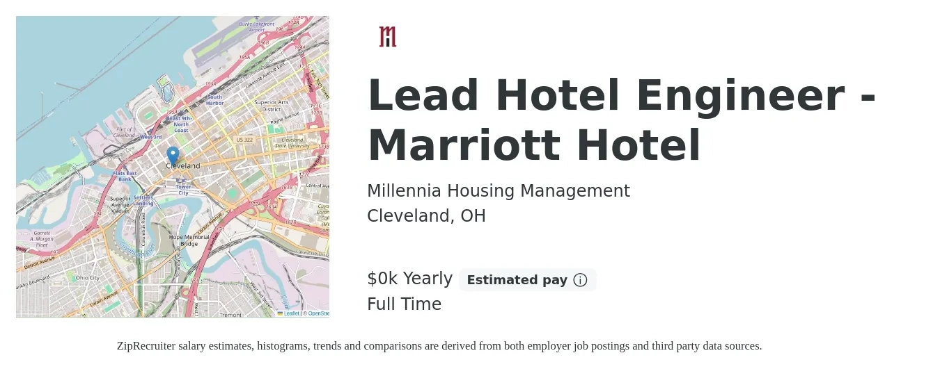 Millennia Housing Management job posting for a Lead Hotel Engineer - Marriott Hotel in Cleveland, OH with a salary of $25 to $30 Yearly with a map of Cleveland location.