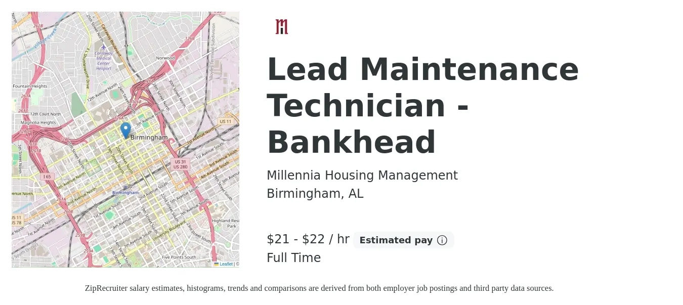 Millennia Housing Management job posting for a Lead Maintenance Technician - Bankhead in Birmingham, AL with a salary of $22 to $23 Hourly with a map of Birmingham location.
