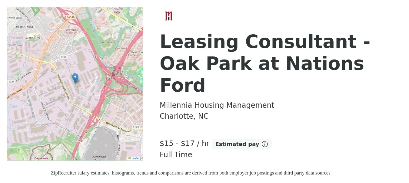 Millennia Housing Management job posting for a Leasing Consultant - Oak Park at Nations Ford in Charlotte, NC with a salary of $16 to $18 Hourly with a map of Charlotte location.