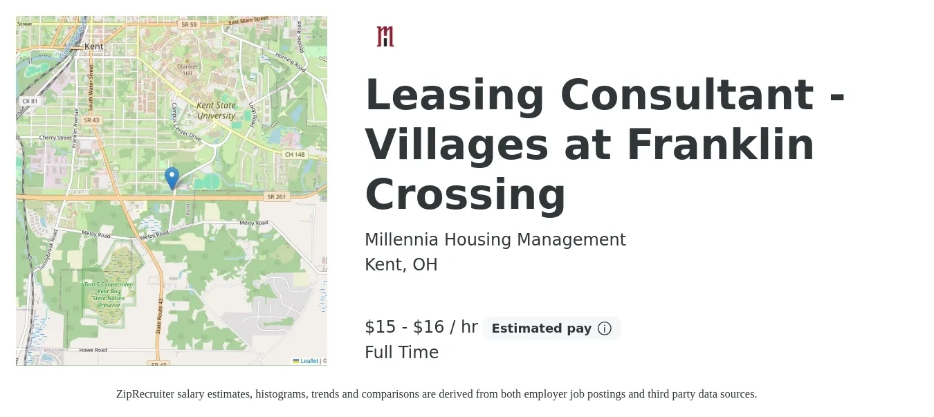 Millennia Housing Management job posting for a Leasing Consultant - Villages at Franklin Crossing in Kent, OH with a salary of $16 to $17 Hourly with a map of Kent location.