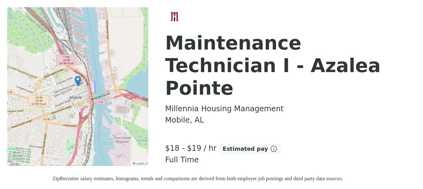 Millennia Housing Management job posting for a Maintenance Technician I - Azalea Pointe in Mobile, AL with a salary of $19 to $20 Hourly with a map of Mobile location.