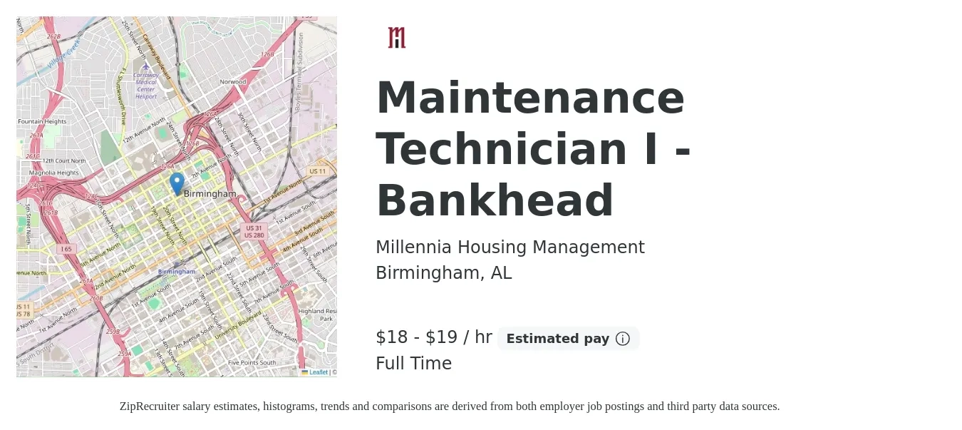 Millennia Housing Management job posting for a Maintenance Technician I - Bankhead in Birmingham, AL with a salary of $19 to $20 Hourly with a map of Birmingham location.