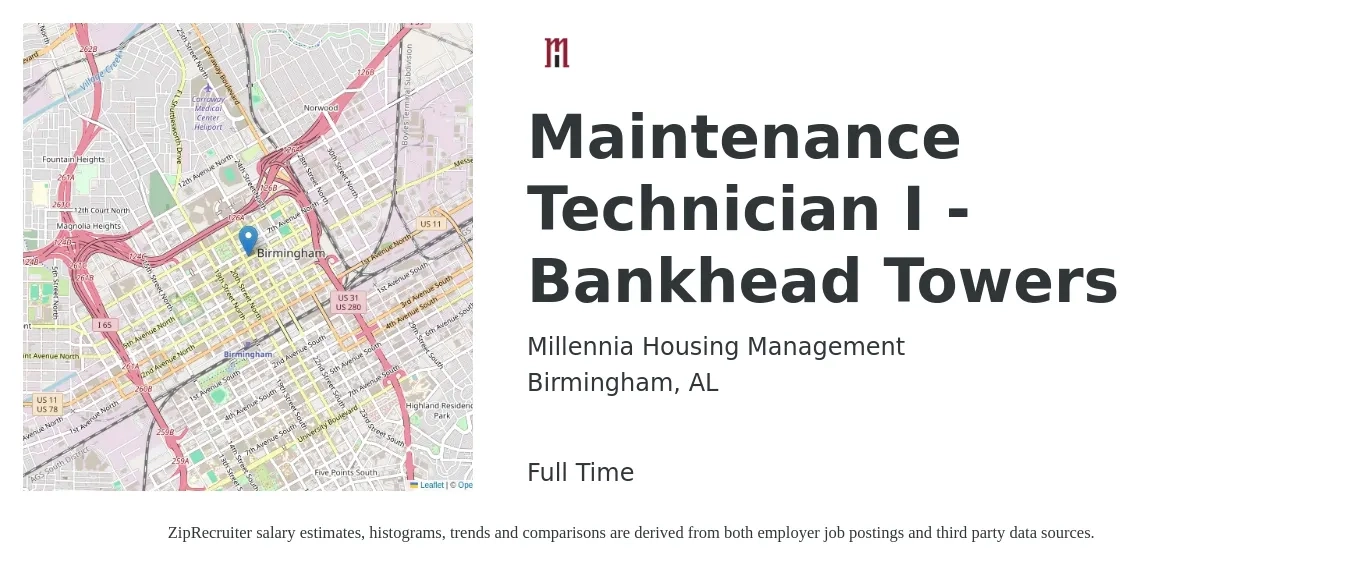Millennia Housing Management job posting for a Maintenance Technician I - Bankhead Towers in Birmingham, AL with a salary of $19 to $20 Hourly with a map of Birmingham location.