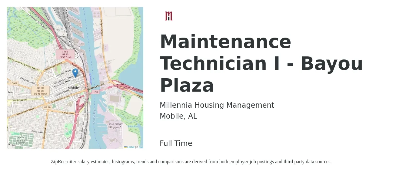 Millennia Housing Management job posting for a Maintenance Technician I - Bayou Plaza in Mobile, AL with a salary of $19 to $26 Hourly with a map of Mobile location.