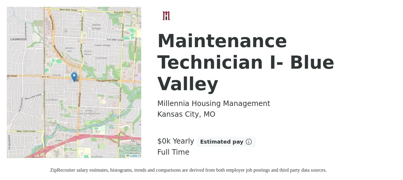 Millennia Housing Management job posting for a Maintenance Technician I- Blue Valley in Kansas City, MO with a salary of $18 to $21 Yearly with a map of Kansas City location.