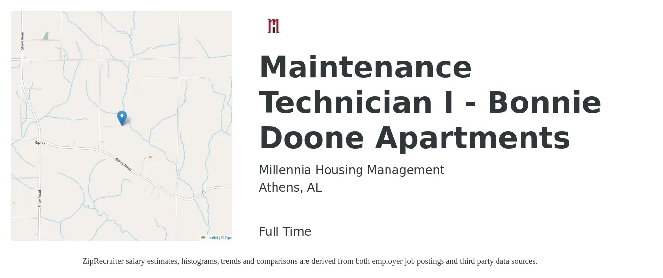 Millennia Housing Management job posting for a Maintenance Technician I - Bonnie Doone Apartments in Athens, AL with a salary of $16 to $22 Hourly with a map of Athens location.