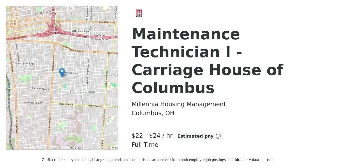 Millennia Housing Management job posting for a Maintenance Technician I - Carriage House of Columbus in Columbus, OH with a salary of $23 to $25 Hourly with a map of Columbus location.