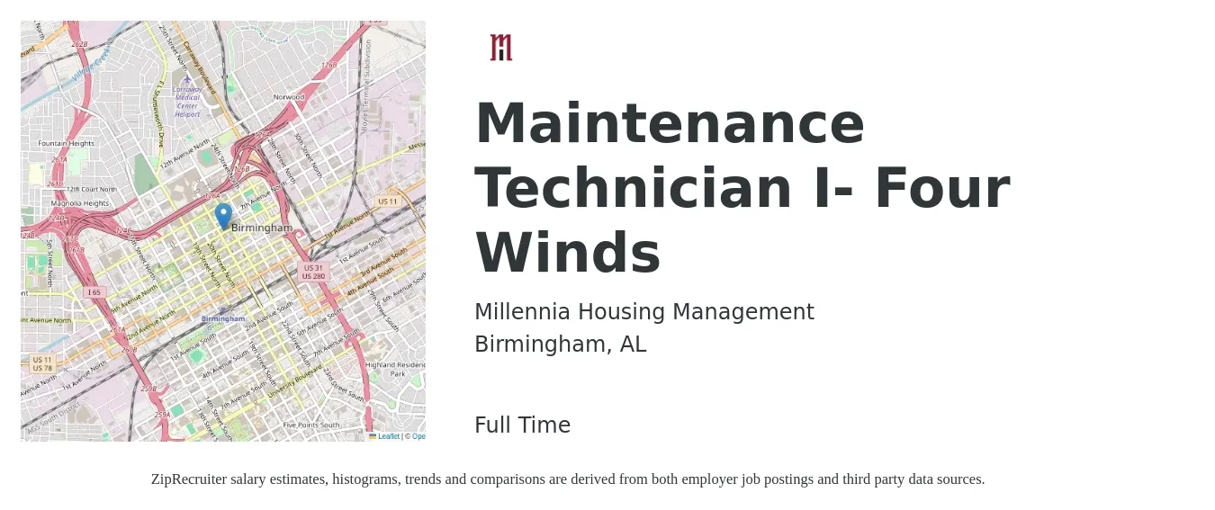 Millennia Housing Management job posting for a Maintenance Technician I- Four Winds in Birmingham, AL with a salary of $18 to $25 Hourly with a map of Birmingham location.