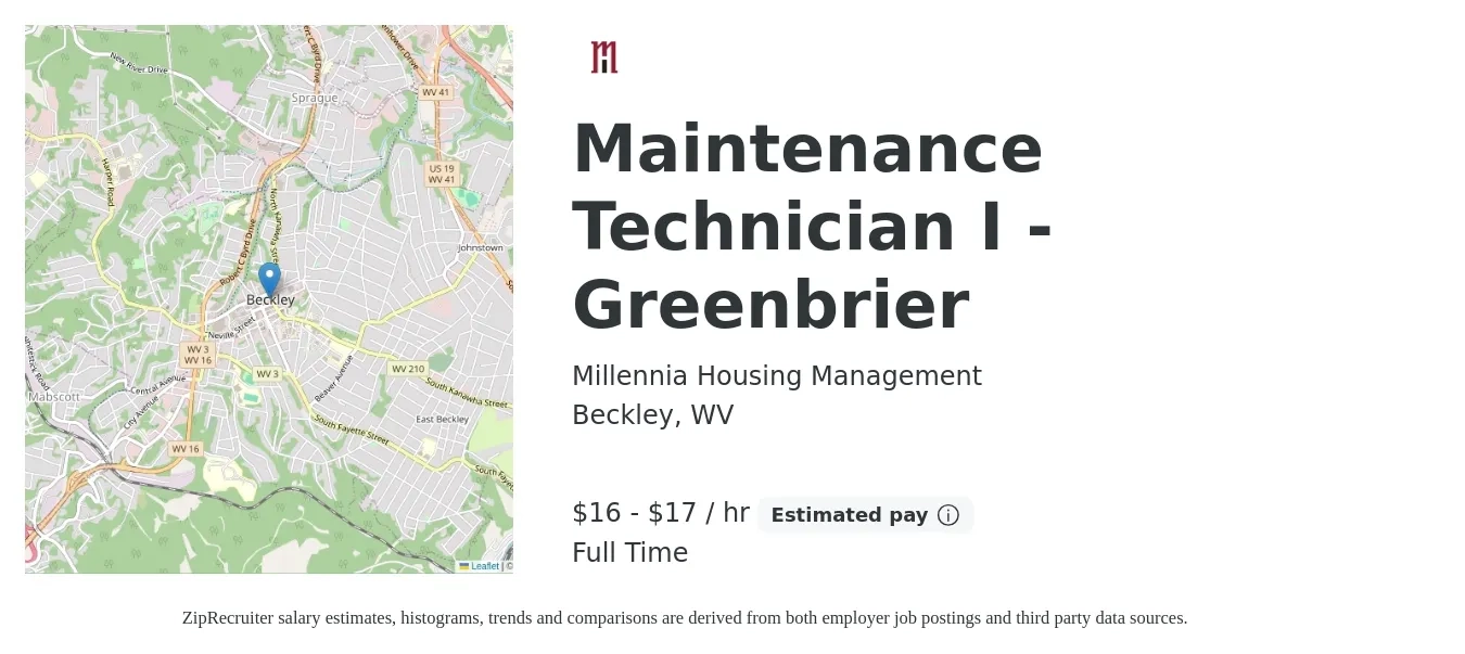 Millennia Housing Management job posting for a Maintenance Technician I - Greenbrier in Beckley, WV with a salary of $17 to $18 Hourly with a map of Beckley location.