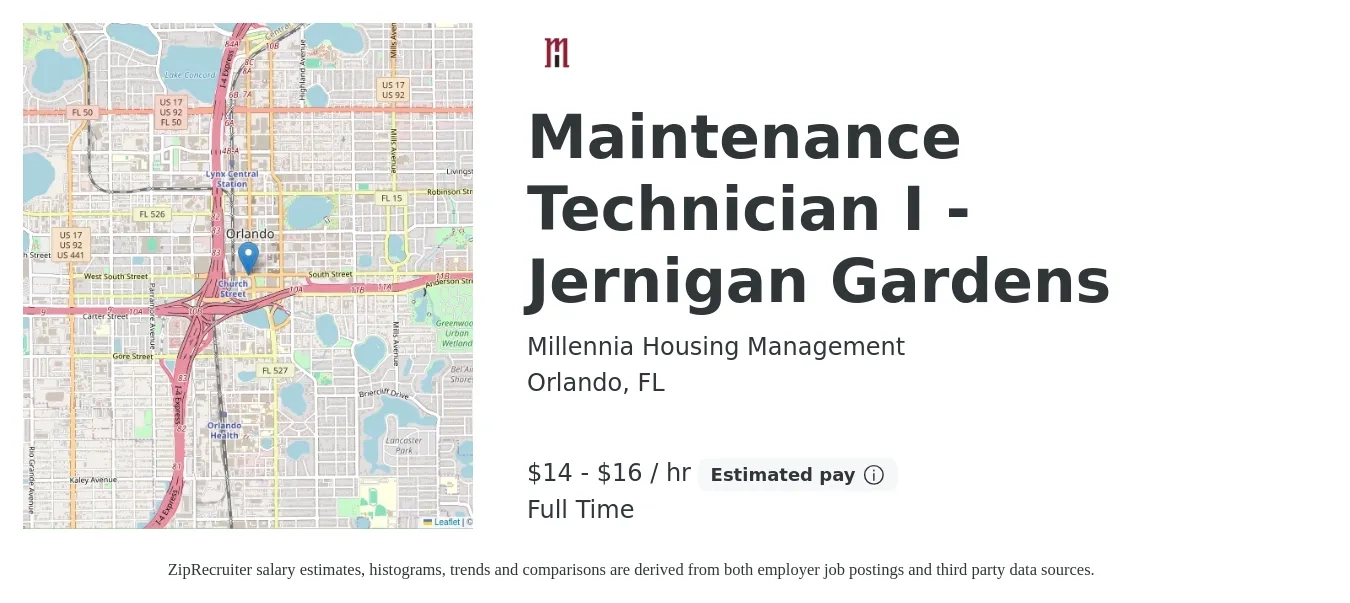 Millennia Housing Management job posting for a Maintenance Technician I - Jernigan Gardens in Orlando, FL with a salary of $15 to $17 Hourly with a map of Orlando location.