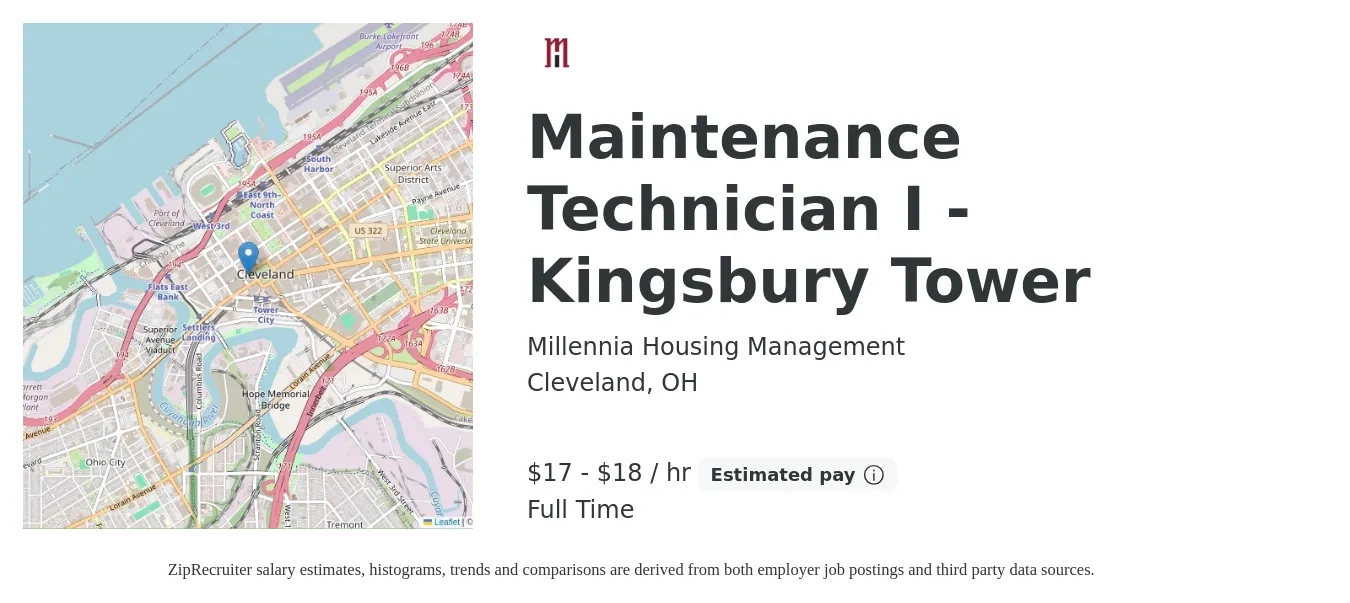Millennia Housing Management job posting for a Maintenance Technician I - Kingsbury Tower in Cleveland, OH with a salary of $18 to $19 Hourly with a map of Cleveland location.