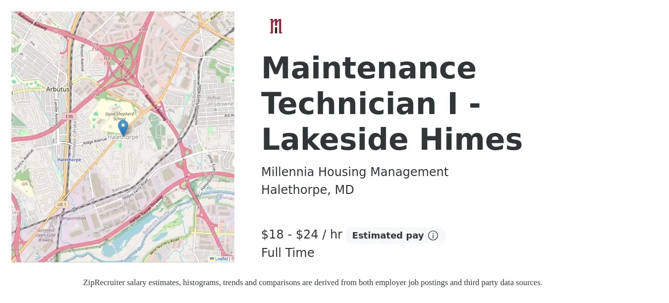 Millennia Housing Management job posting for a Maintenance Technician I - Lakeside Himes in Halethorpe, MD with a salary of $19 to $25 Hourly with a map of Halethorpe location.