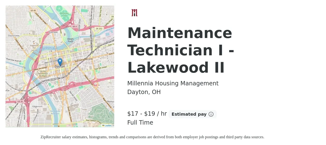 Millennia Housing Management job posting for a Maintenance Technician I - Lakewood II in Dayton, OH with a salary of $18 to $20 Hourly with a map of Dayton location.