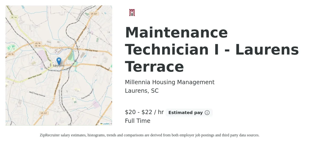Millennia Housing Management job posting for a Maintenance Technician I - Laurens Terrace in Laurens, SC with a salary of $21 to $23 Hourly with a map of Laurens location.