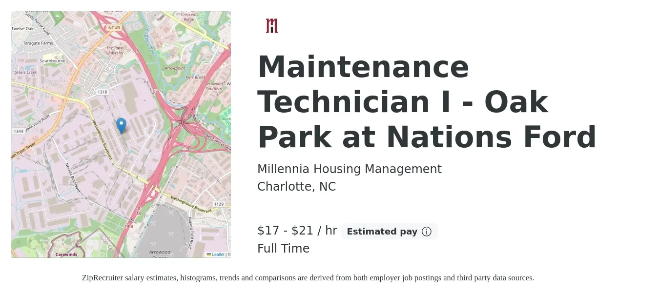 Millennia Housing Management job posting for a Maintenance Technician I - Oak Park at Nations Ford in Charlotte, NC with a salary of $18 to $22 Hourly with a map of Charlotte location.