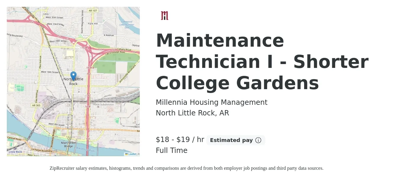 Millennia Housing Management job posting for a Maintenance Technician I - Shorter College Gardens in North Little Rock, AR with a salary of $19 to $20 Hourly with a map of North Little Rock location.