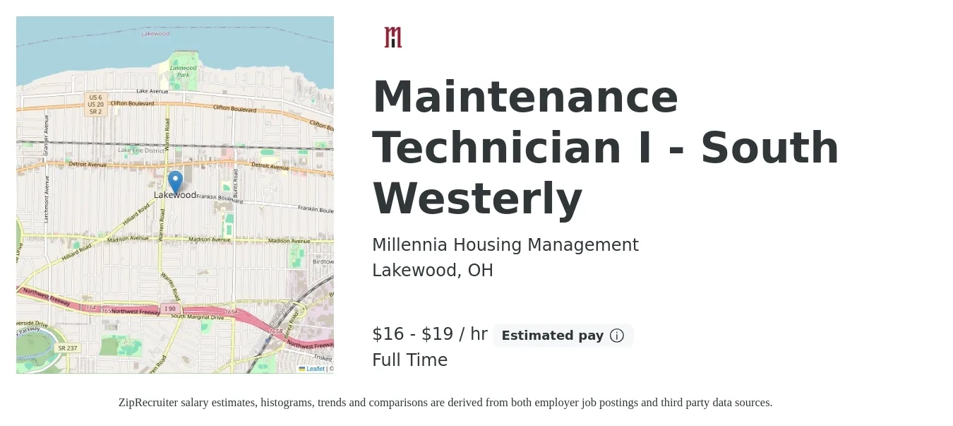 Millennia Housing Management job posting for a Maintenance Technician I - South Westerly in Lakewood, OH with a salary of $17 to $20 Hourly with a map of Lakewood location.