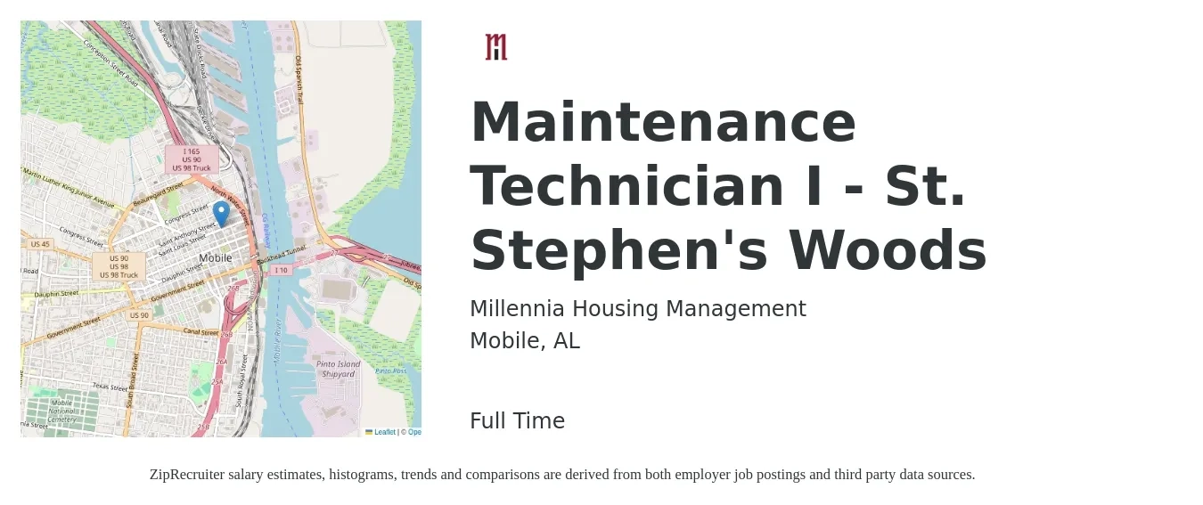 Millennia Housing Management job posting for a Maintenance Technician I - St. Stephen's Woods in Mobile, AL with a salary of $16 to $23 Hourly with a map of Mobile location.