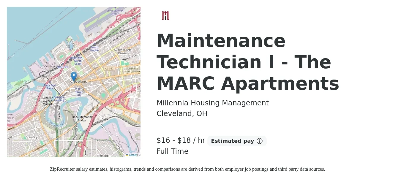 Millennia Housing Management job posting for a Maintenance Technician I - The MARC Apartments in Cleveland, OH with a salary of $17 to $19 Hourly with a map of Cleveland location.