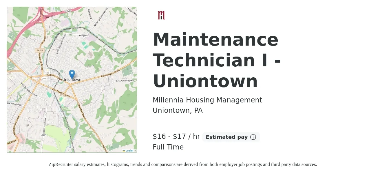 Millennia Housing Management job posting for a Maintenance Technician I - Uniontown in Uniontown, PA with a salary of $17 to $18 Hourly with a map of Uniontown location.