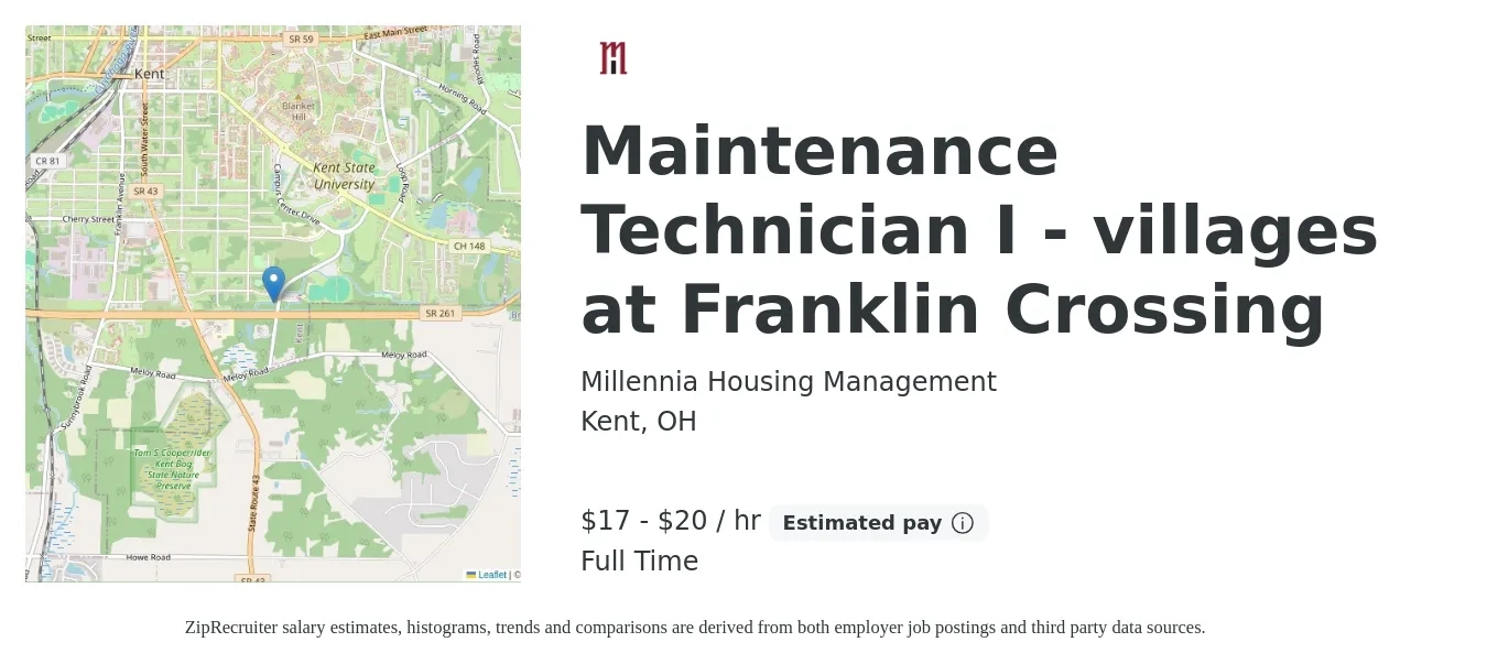 Millennia Housing Management job posting for a Maintenance Technician I - villages at Franklin Crossing in Kent, OH with a salary of $18 to $21 Hourly with a map of Kent location.