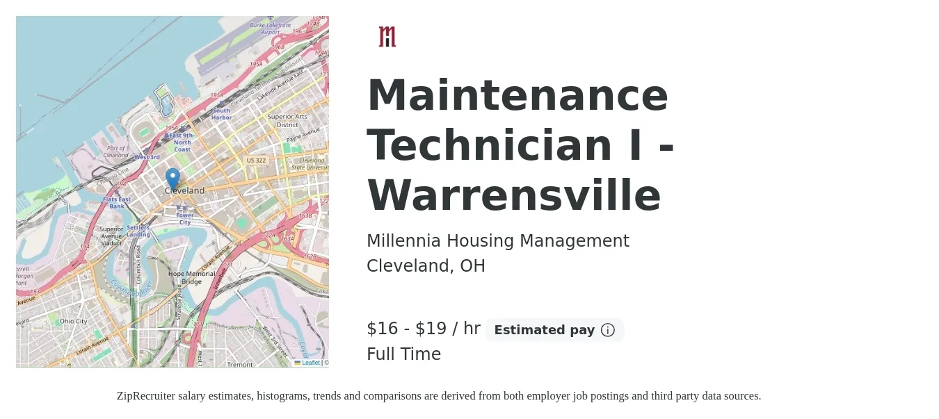 Millennia Housing Management job posting for a Maintenance Technician I - Warrensville in Cleveland, OH with a salary of $17 to $20 Hourly with a map of Cleveland location.