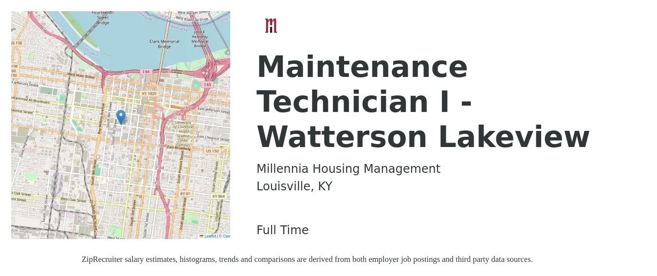 Millennia Housing Management job posting for a Maintenance Technician I - Watterson Lakeview in Louisville, KY with a salary of $18 to $24 Hourly with a map of Louisville location.