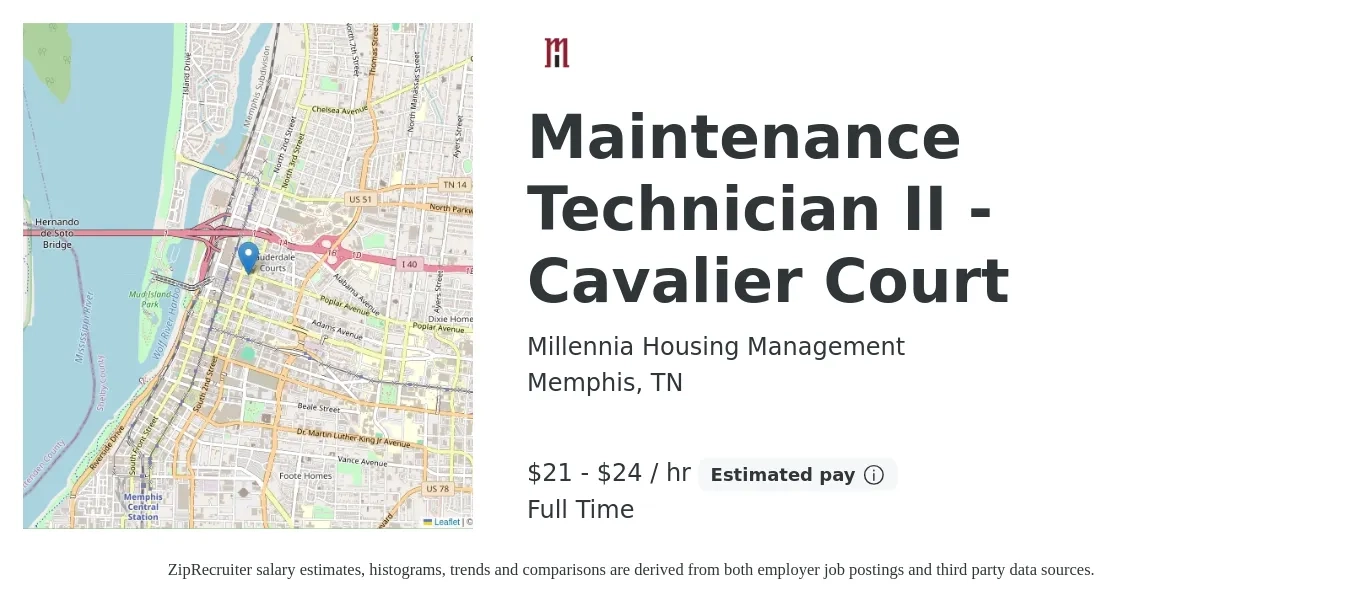 Millennia Housing Management job posting for a Maintenance Technician II - Cavalier Court in Memphis, TN with a salary of $22 to $25 Hourly with a map of Memphis location.