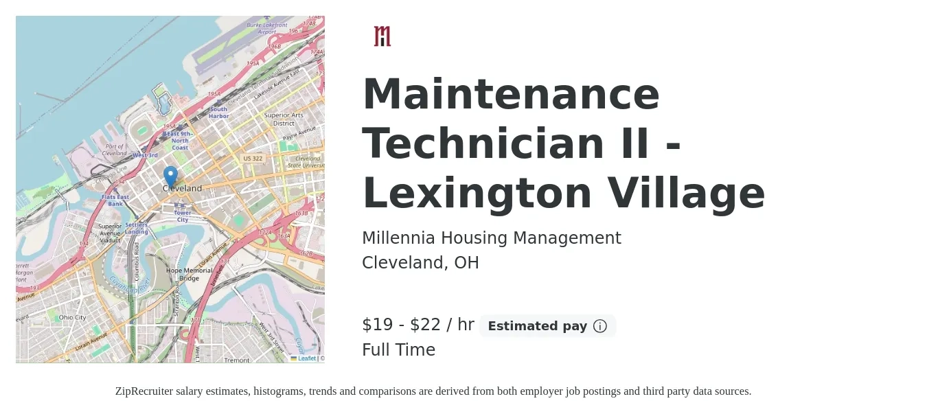 Millennia Housing Management job posting for a Maintenance Technician II - Lexington Village in Cleveland, OH with a salary of $20 to $23 Hourly with a map of Cleveland location.