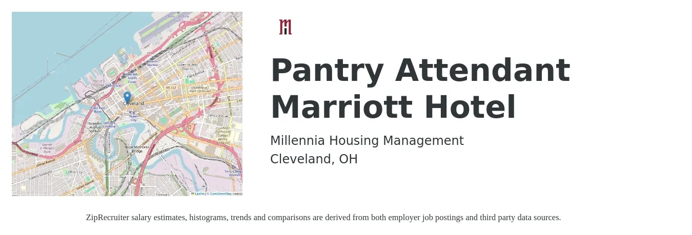 Millennia Housing Management job posting for a Pantry Attendant Marriott Hotel in Cleveland, OH with a salary of $14 to $15 Yearly with a map of Cleveland location.