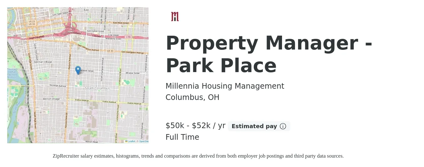 Millennia Housing Management job posting for a Property Manager - Park Place in Columbus, OH with a salary of $50,000 to $52,000 Yearly with a map of Columbus location.