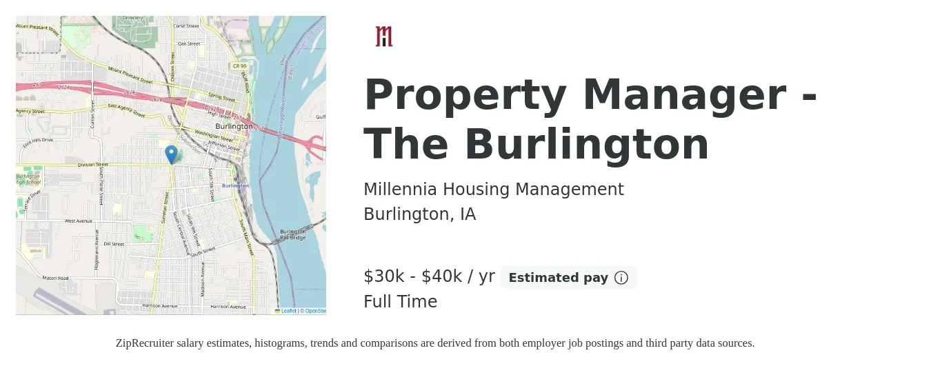 Millennia Housing Management job posting for a Property Manager - The Burlington in Burlington, IA with a salary of $30,000 to $40,000 Yearly with a map of Burlington location.