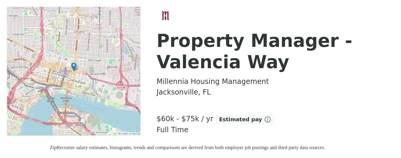 Millennia Housing Management job posting for a Property Manager - Valencia Way in Jacksonville, FL with a salary of $60,000 to $75,000 Yearly with a map of Jacksonville location.