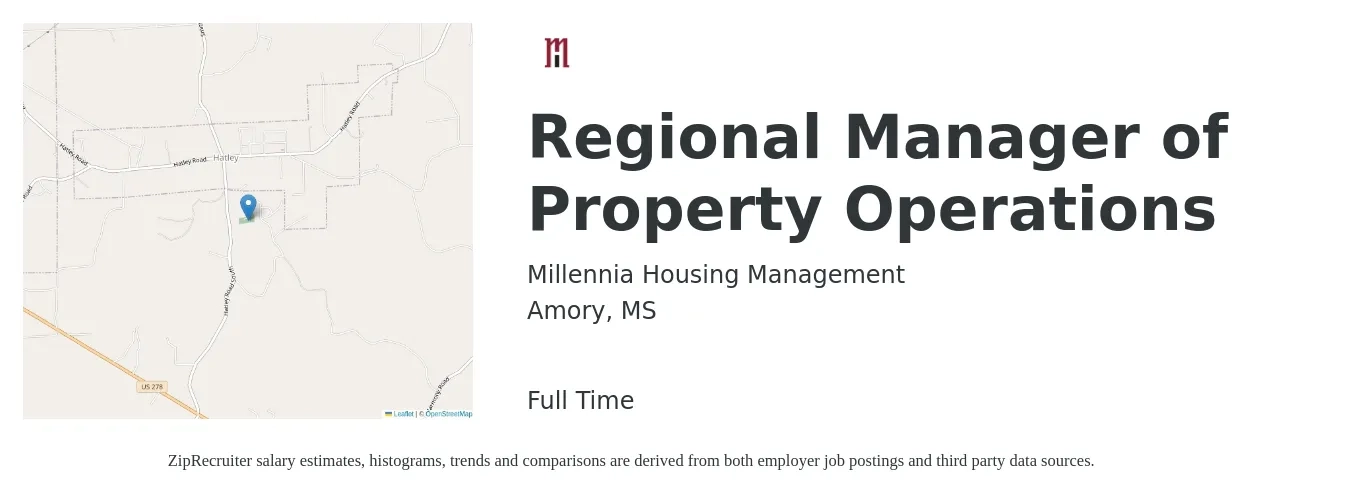 Millennia Housing Management job posting for a Regional Manager of Property Operations in Amory, MS with a salary of $61,900 to $83,300 Yearly with a map of Amory location.