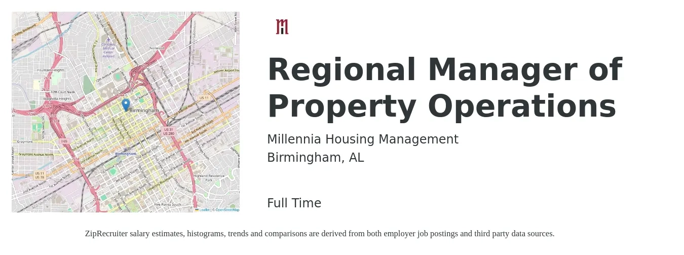 Millennia Housing Management job posting for a Regional Manager of Property Operations in Birmingham, AL with a salary of $73,100 to $98,400 Yearly with a map of Birmingham location.