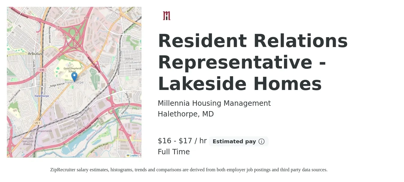 Millennia Housing Management job posting for a Resident Relations Representative - Lakeside Homes in Halethorpe, MD with a salary of $17 to $18 Hourly with a map of Halethorpe location.