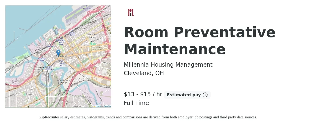 Millennia Housing Management job posting for a Room Preventative Maintenance in Cleveland, OH with a salary of $14 to $16 Hourly with a map of Cleveland location.
