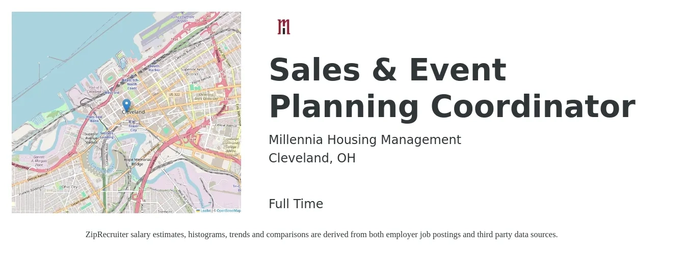 Millennia Housing Management job posting for a Sales & Event Planning Coordinator in Cleveland, OH with a salary of $19 to $27 Hourly with a map of Cleveland location.
