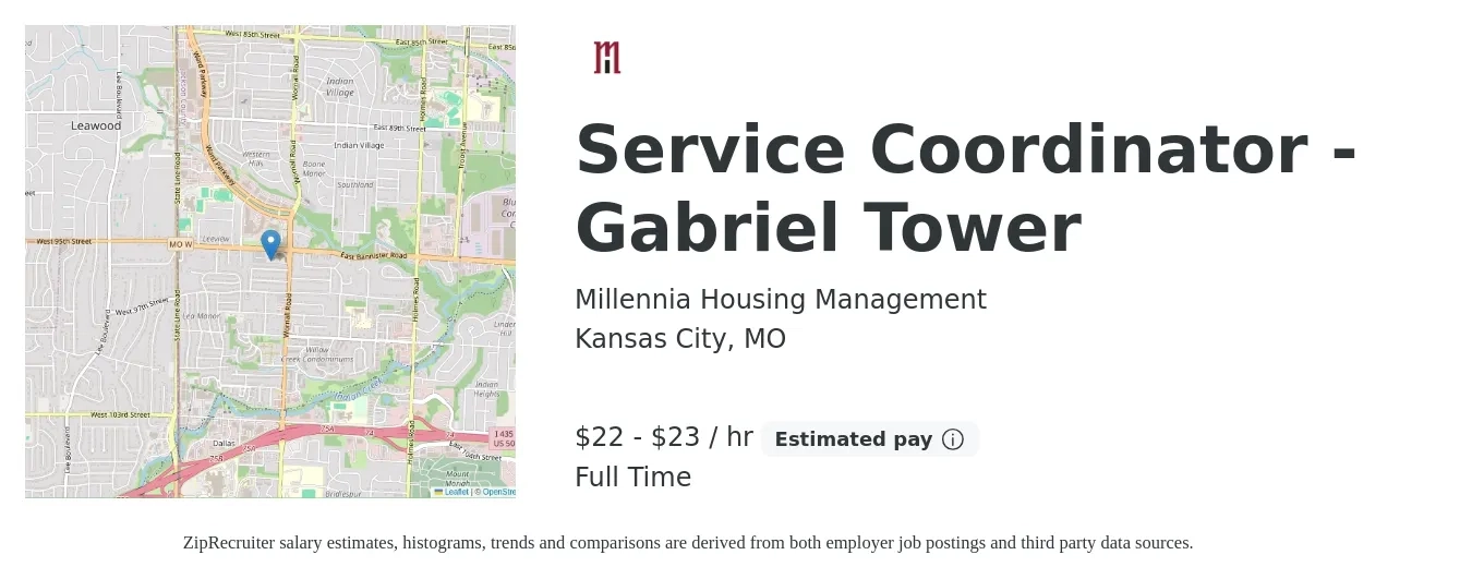 Millennia Housing Management job posting for a Service Coordinator - Gabriel Tower in Kansas City, MO with a salary of $23 to $24 Hourly with a map of Kansas City location.