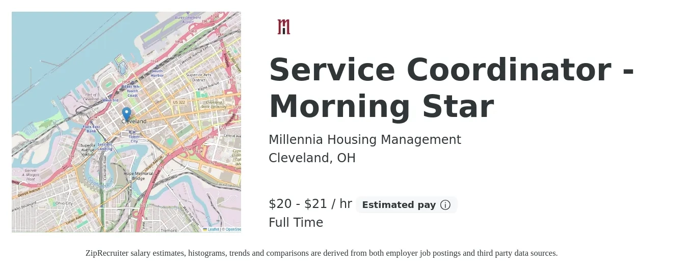 Millennia Housing Management job posting for a Service Coordinator - Morning Star in Cleveland, OH with a salary of $21 to $22 Hourly with a map of Cleveland location.