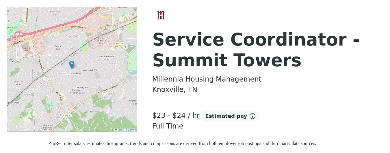 Millennia Housing Management job posting for a Service Coordinator - Summit Towers in Knoxville, TN with a salary of $24 to $25 Hourly with a map of Knoxville location.