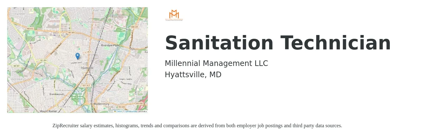 Millennial Management LLC job posting for a Sanitation Technician in Hyattsville, MD with a salary of $15 to $17 Hourly with a map of Hyattsville location.