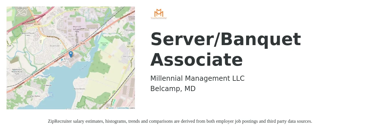 Millennial Management LLC job posting for a Server/Banquet Associate in Belcamp, MD with a salary of $15 to $16 Hourly with a map of Belcamp location.